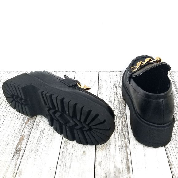 New Wide Black Gold Chain Slip On Platform Penny Loafers - Picture 3 of 3